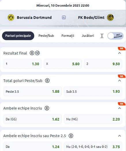 Cote pariuri Dortmund vs Bodo/Glimt