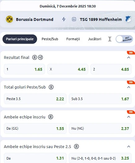 Cote pariuri Dortmund vs Hoffenheim