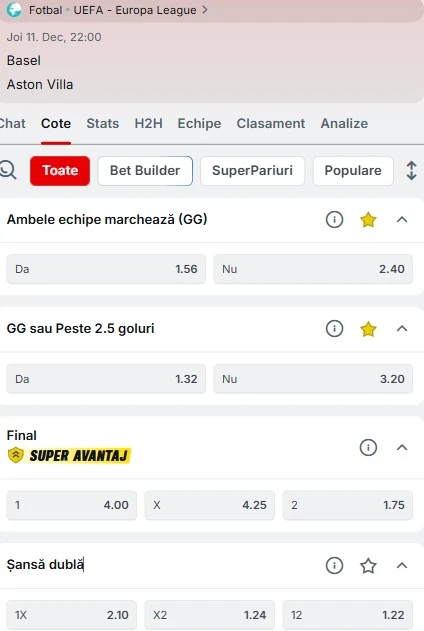 Cote pariuri FC Basel - Aston Villa