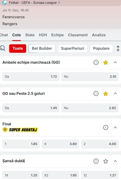 Cote pariuri Ferencvaros - Rangers