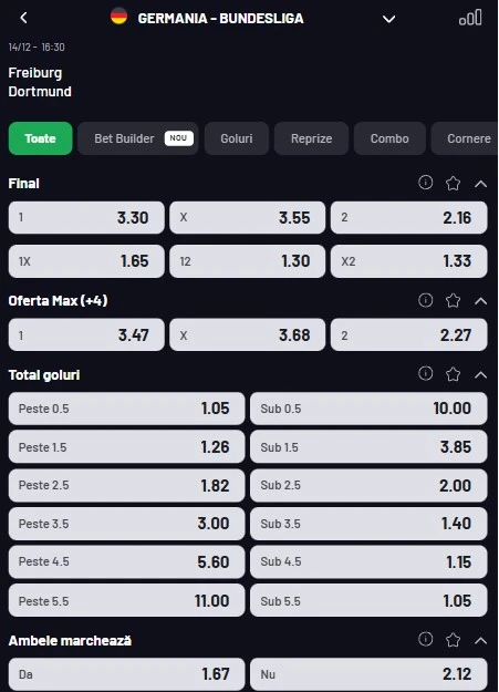 Cote pariuri Freiburg - Dortmund