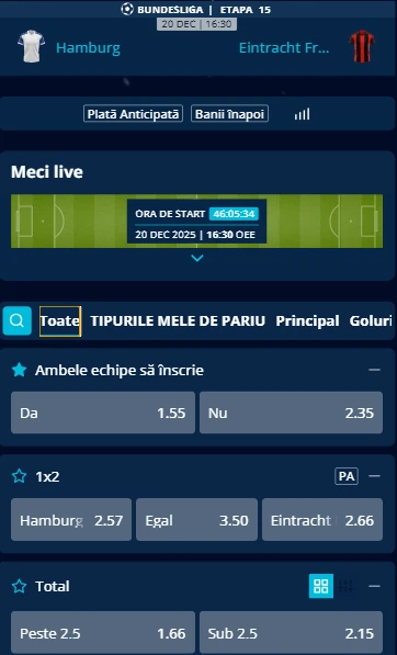 Cote pariuri Hamburger SV - Frankfurt