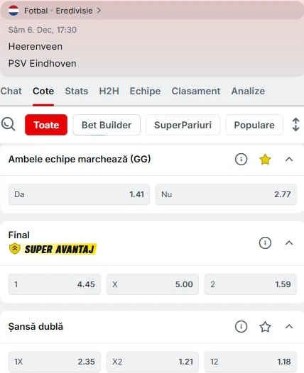 Cote pariuri Heerenveen vs PSV