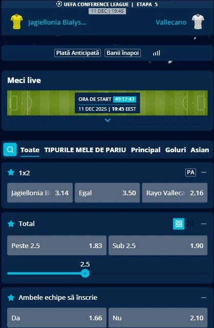 Cote pariuri Jagiellonia vs Vallecano