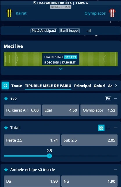 Cote pariuri Kairat Almaty - Olympiakos