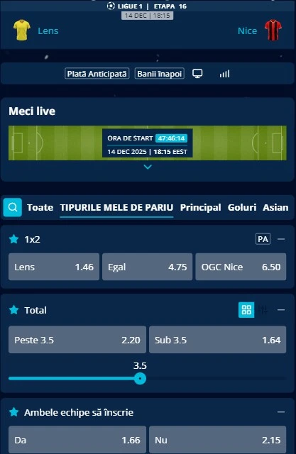 Cote pariuri Lens vs Nice