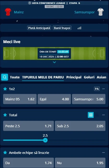 Cote pariuri Mainz - Samsunspor
