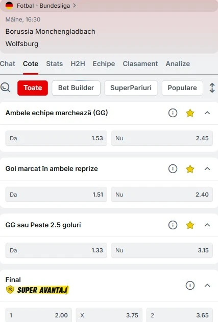 Cote pariuri Monchengladbach - Wolfsburg