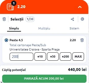 Pariuri speciale Universitatea Craiova - Sparta Praga