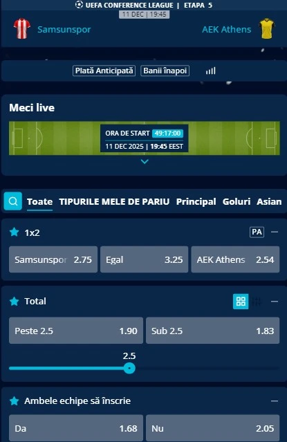 Cote pariuri Samsunspor - AEK Atena