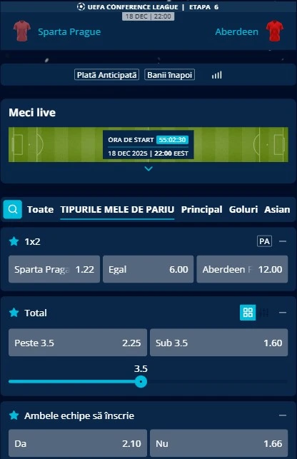 Cote pariuri Sparta Praga vs Aberdeen