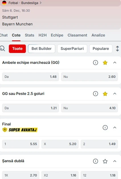 Cote pariuri Stuttgart - Bayern
