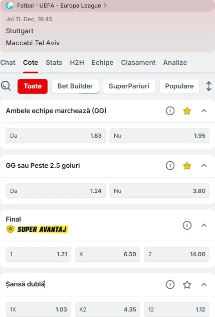 Cote pariuri Stuttgart - Maccabi Tel Aviv