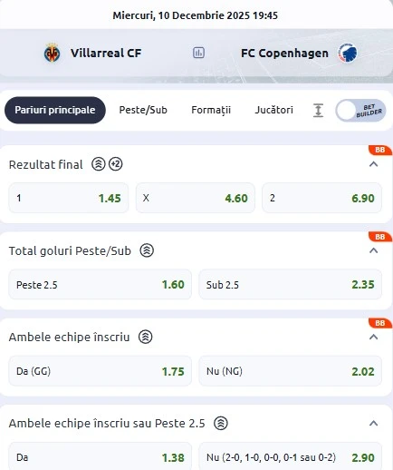 Cote pariuri Villarreal vs FC Copenhaga