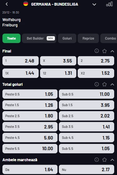 Cote pariuri Wolfsburg - Freiburg