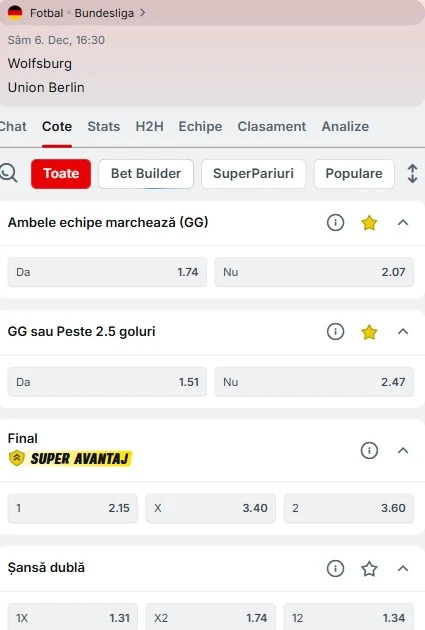 Cote pariuri Wolfsburg vs Union Berlin