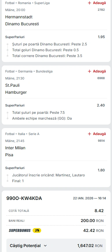 Biletul Zilei din Super Pariuri 23.01.2026