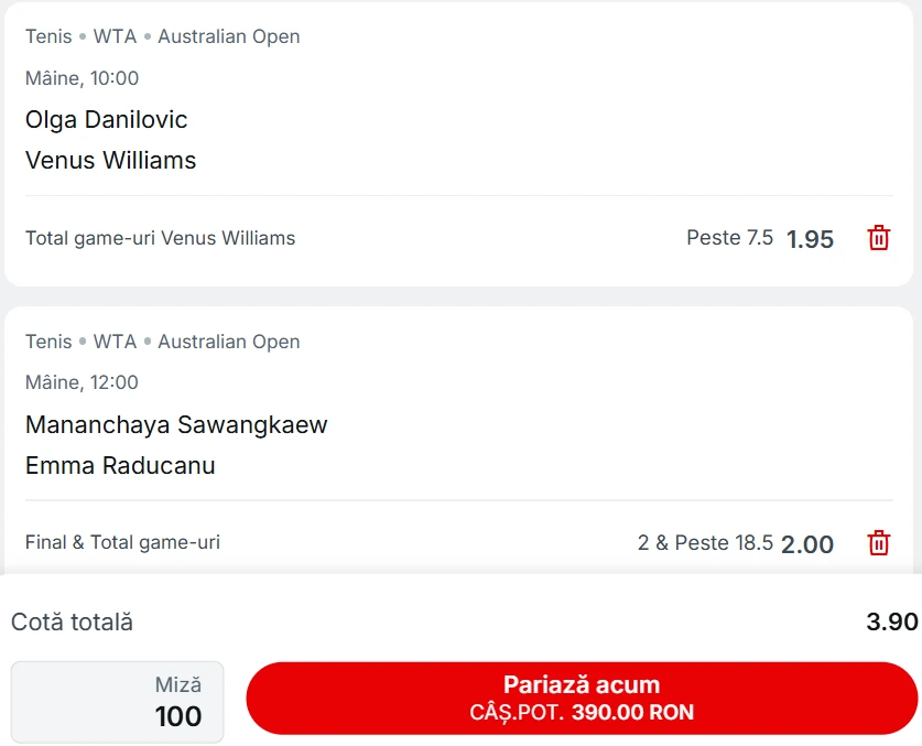 Biletul zilei Australian Open 18 ianuarie - Cotă 3.90