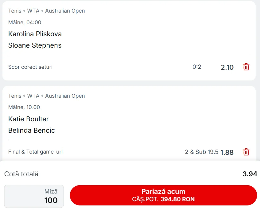 Biletul zilei Australian Open 20 ianuarie - Cotă 3.94 la Superbet