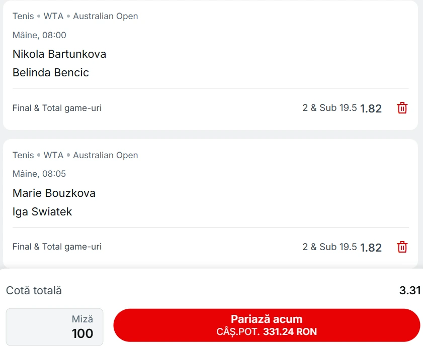 Biletul zilei Australian Open 22 ianuarie - Cotă 3.31 la Superbet