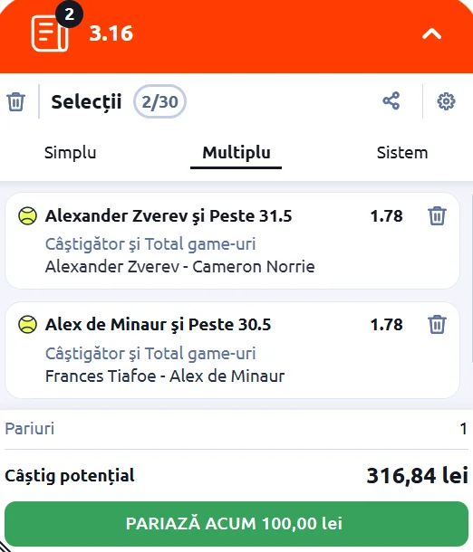 Biletul zilei Australian Open 23 ianuarie - Cotă 3.16 la Betano