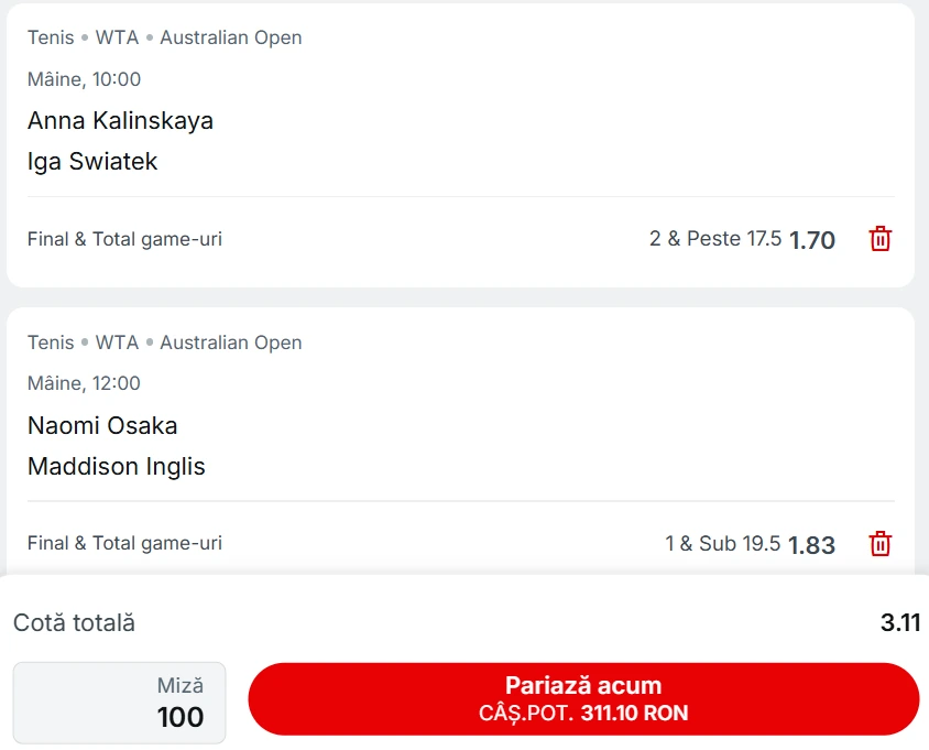 Biletul zilei Australian Open 24 ianuarie - Cotă 3.11 la Superbet
