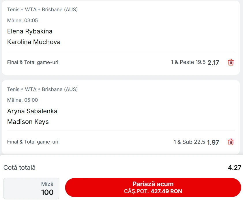 Biletul zilei WTA 09 ianuarie 2026 - Cotă 4.27