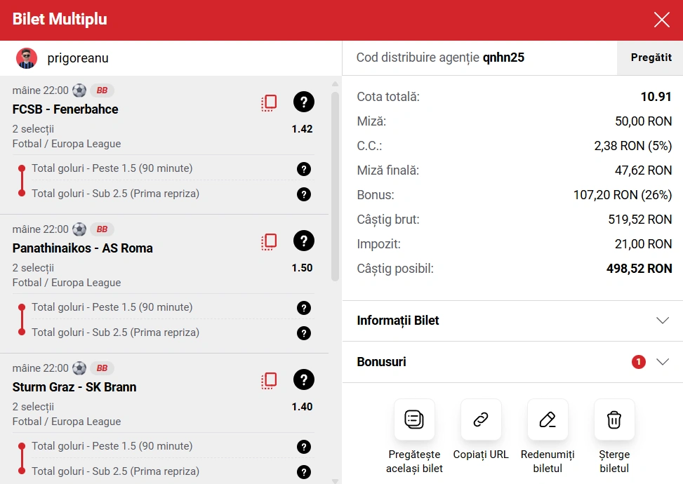 Biletul zilei din Europa League la Casa Pariurilor. FCSB întâlnește cel mai dificil adversar, 29.01.2026