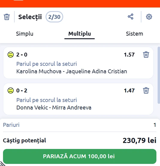 Cota 2 Australian Open 19 ianuarie 2026 la Betano