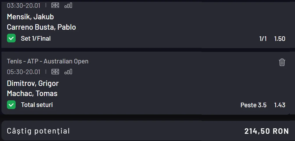 Cota 2 Australian Open 20 ianuarie 2026 la Maxbet