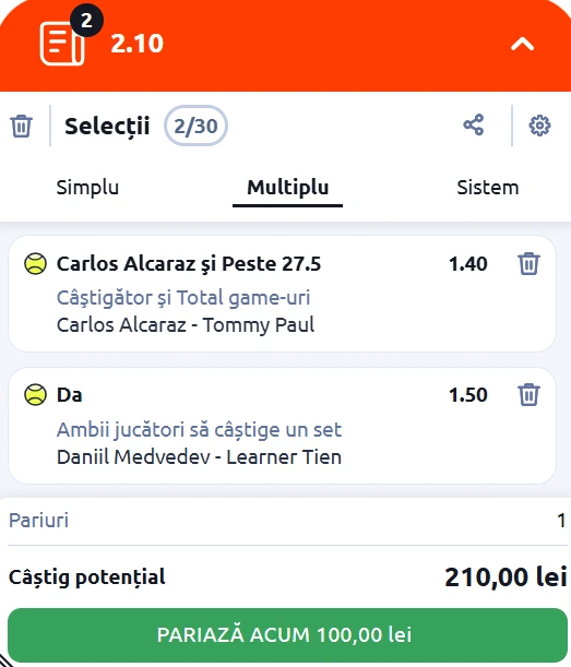 Cota 2 Australian Open 25 ianuarie 2026 la Betano