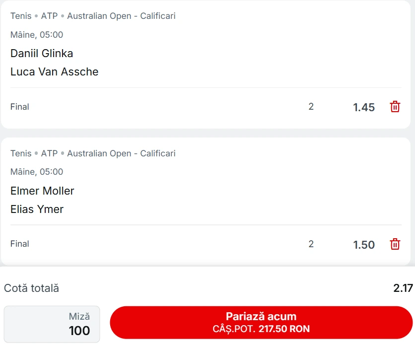 Cota 2 calificări Australian Open 14.01.2026 la Superbet