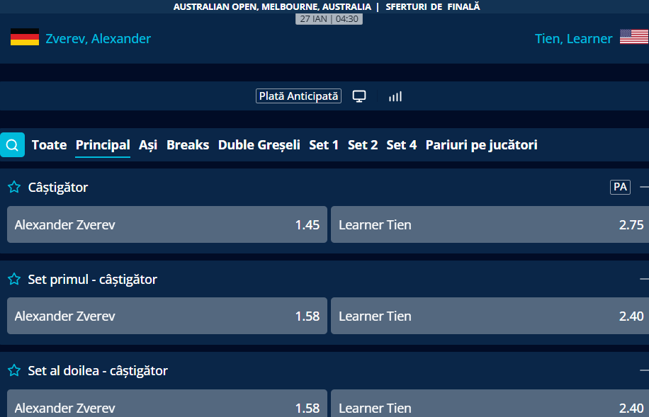Cote Pariuri Alexander Zverev vs Learner Tien
