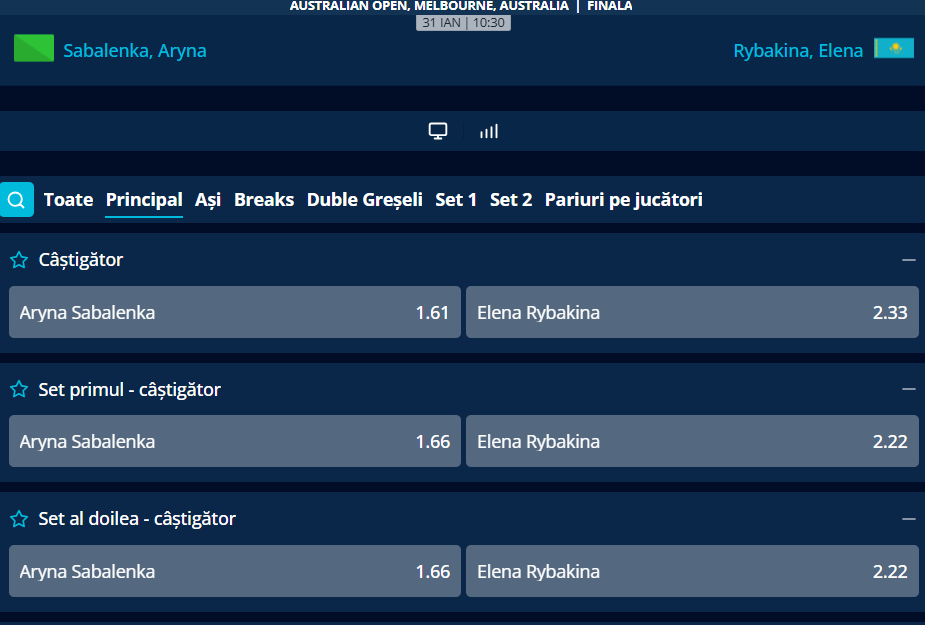 Cote Pariuri Aryna Sabalenka vs Elena Rybakina