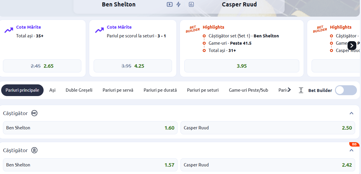 Cote Pariuri Ben Shelton vs Casper Ruud