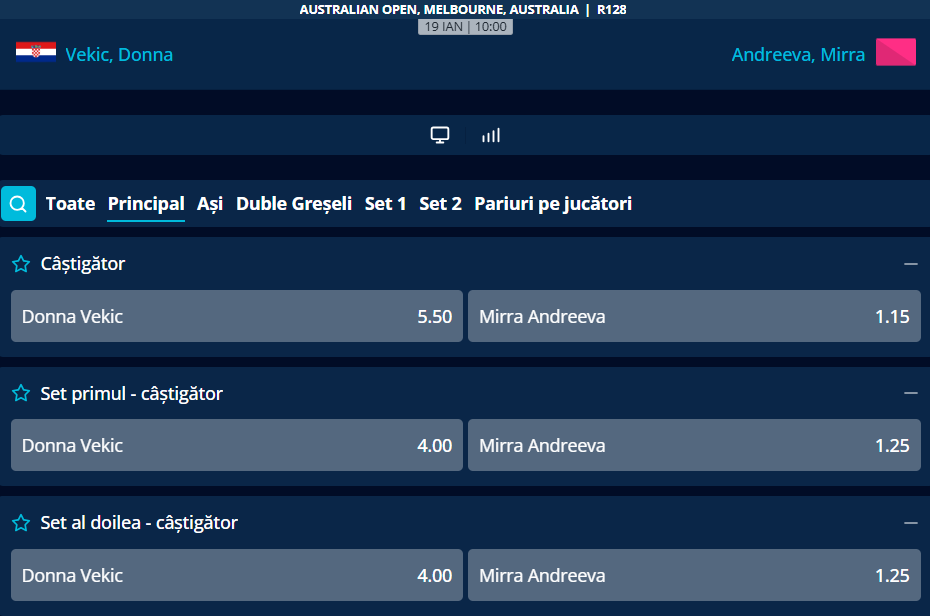 Cote Pariuri Donna Vekic vs Mirra Andreeva