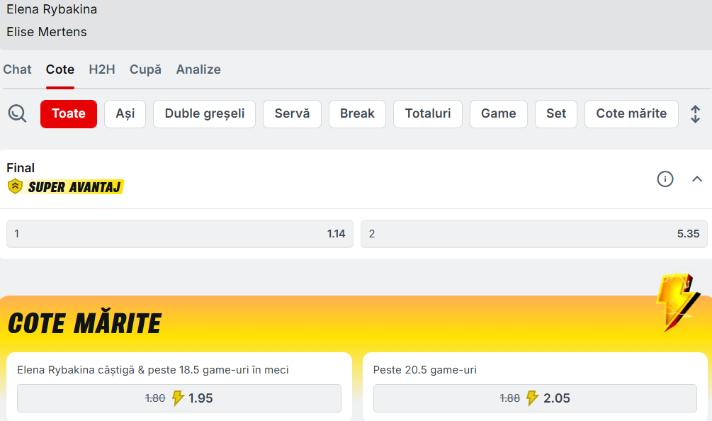 Cote Pariuri Elena Rybakina vs Elise Mertens