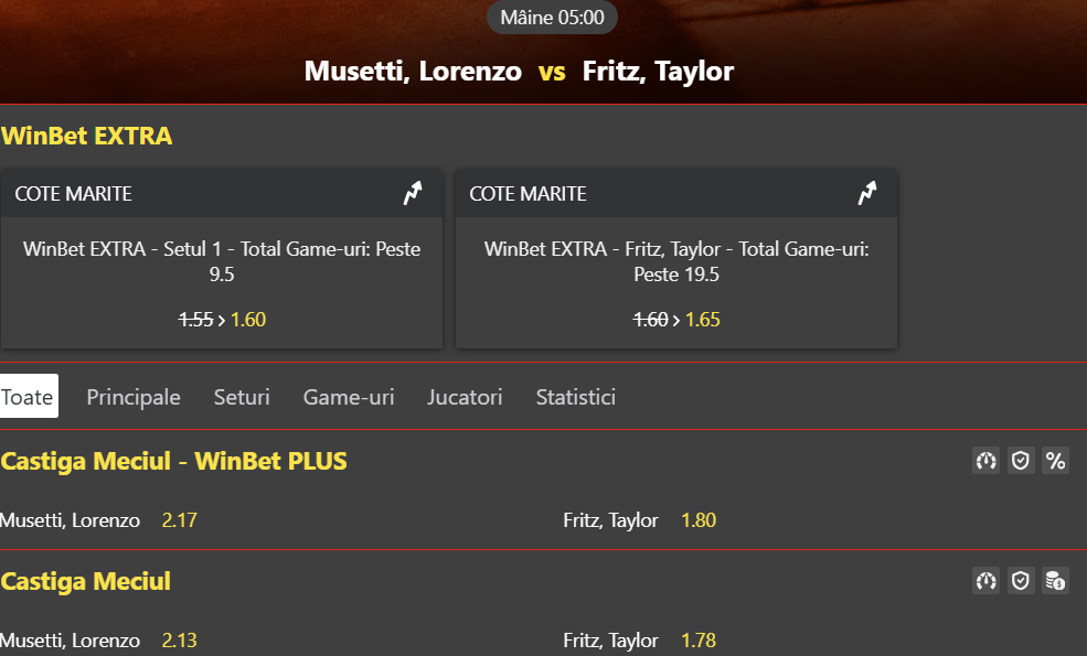 Cote Pariuri Lorenzo Musetti vs Taylor Fritz