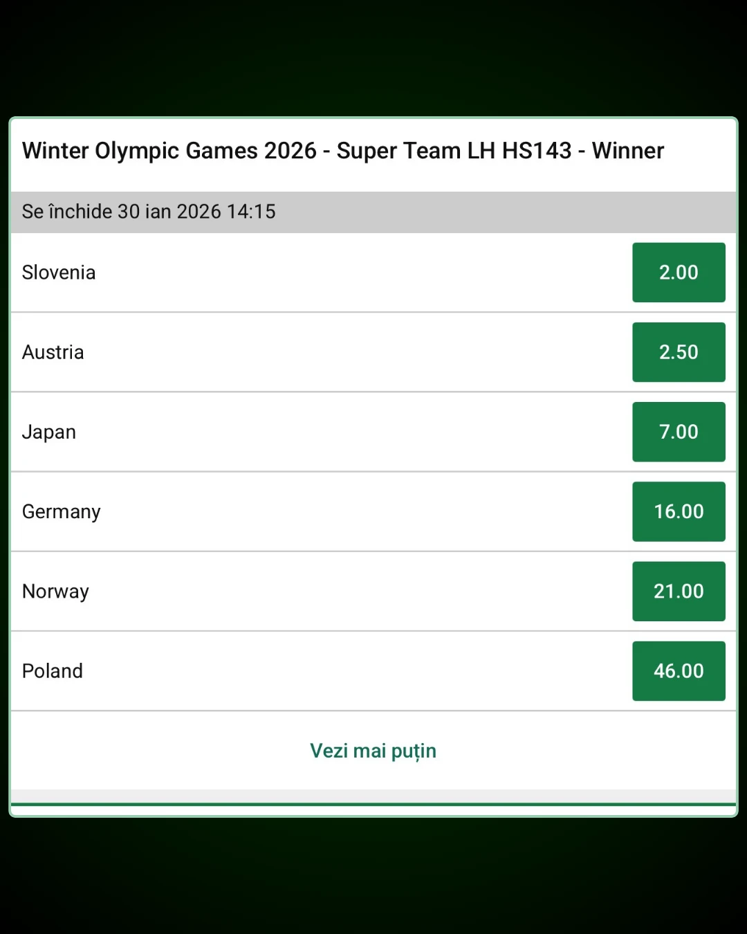 Cote Pariuri Proba pe echipe LH HS143