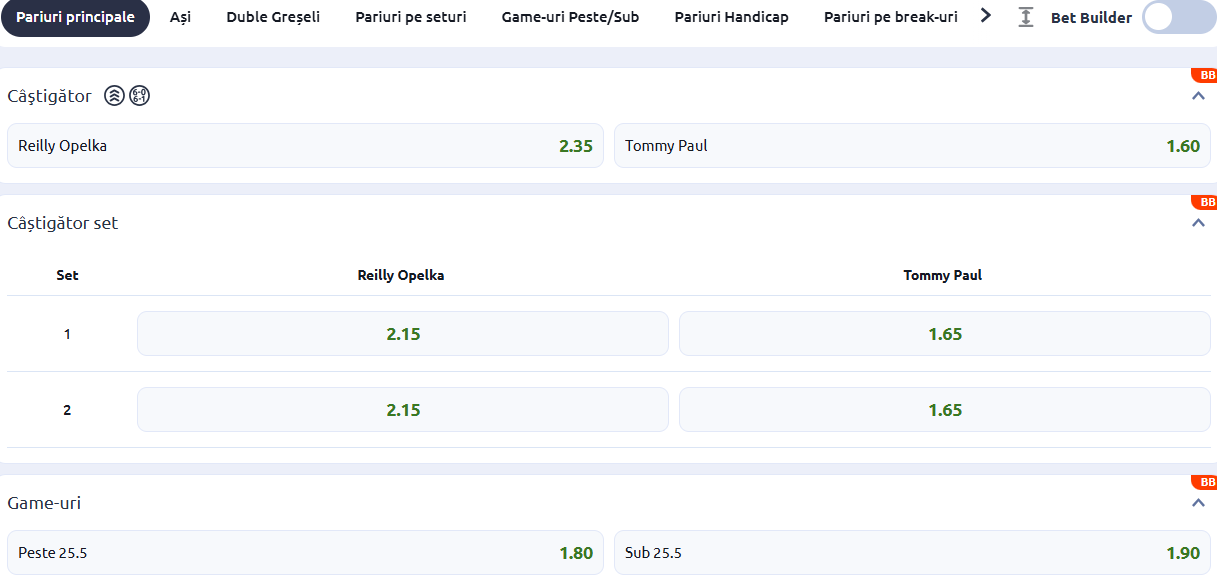 Cote Pariuri Reilly Opelka vs Tommy Paul