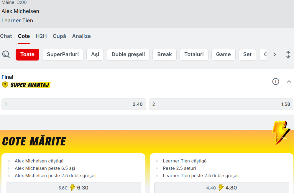 Cote pariuri Alex Michelsen vs Learner Tien