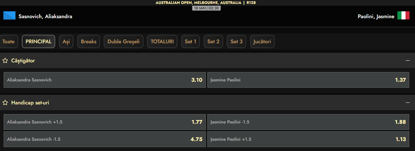 Cote pariuri Aliaksandra Sasnovich vs Jasmine Paolini