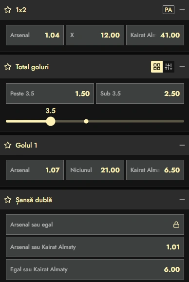 Cote pariuri Arsenal vs Kairat Almaty la Don
