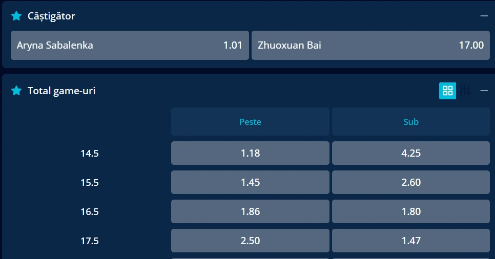 Cote pariuri Aryna Sabalenka vs Zhuoxuan Bai - turul al doilea Australian Open 2026