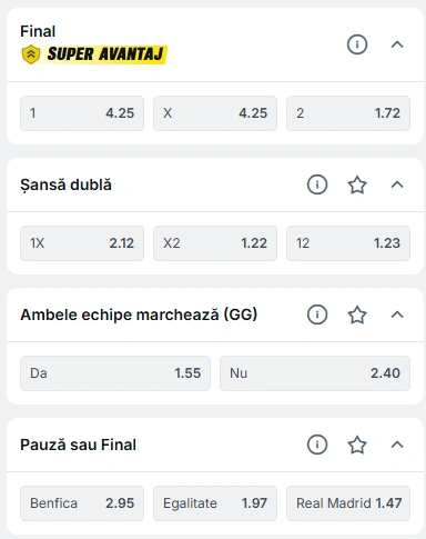Cote pariuri Benfica vs Real Madrid la Superbet