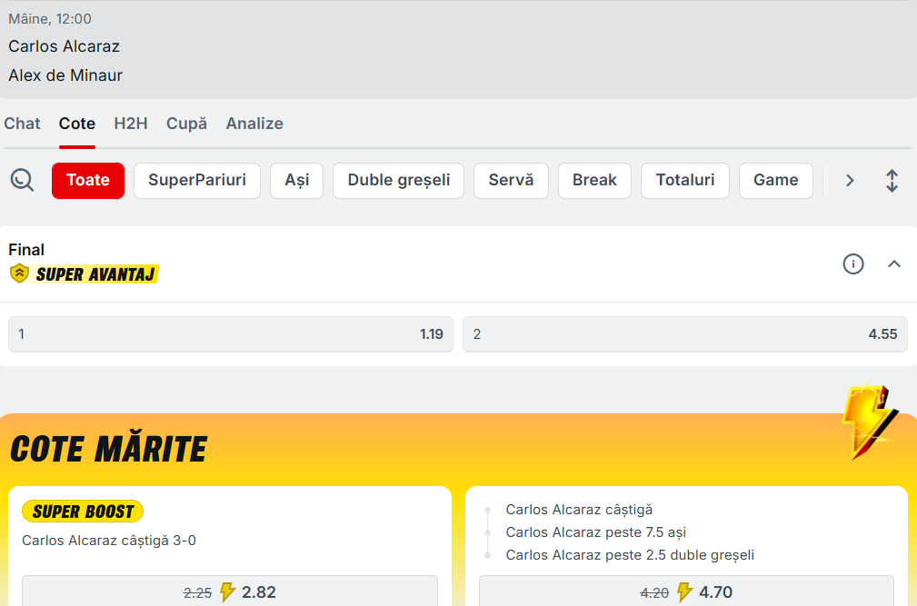 Cote pariuri Carlos Alcaraz vs Alex De Minaur