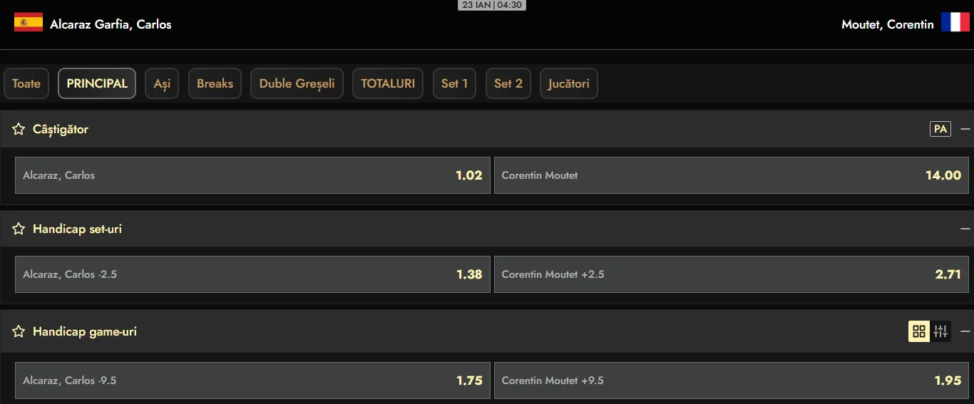 Cote pariuri Carlos Alcaraz vs Corentin Moutet - runda cu numărul trei de la Australian Open 2026