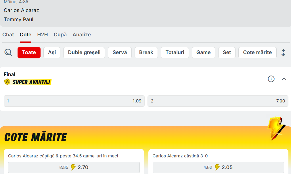 Cote pariuri Carlos Alcaraz vs Tommy Paul