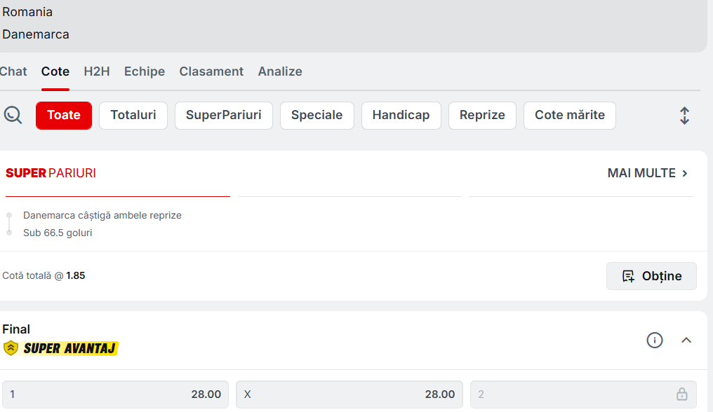 Cote pariuri Danemarca vs România