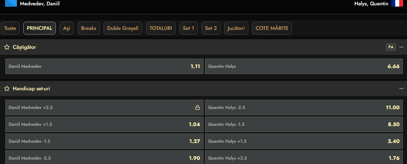 Cote pariuri Daniil Medvedev vs Quentin Halys